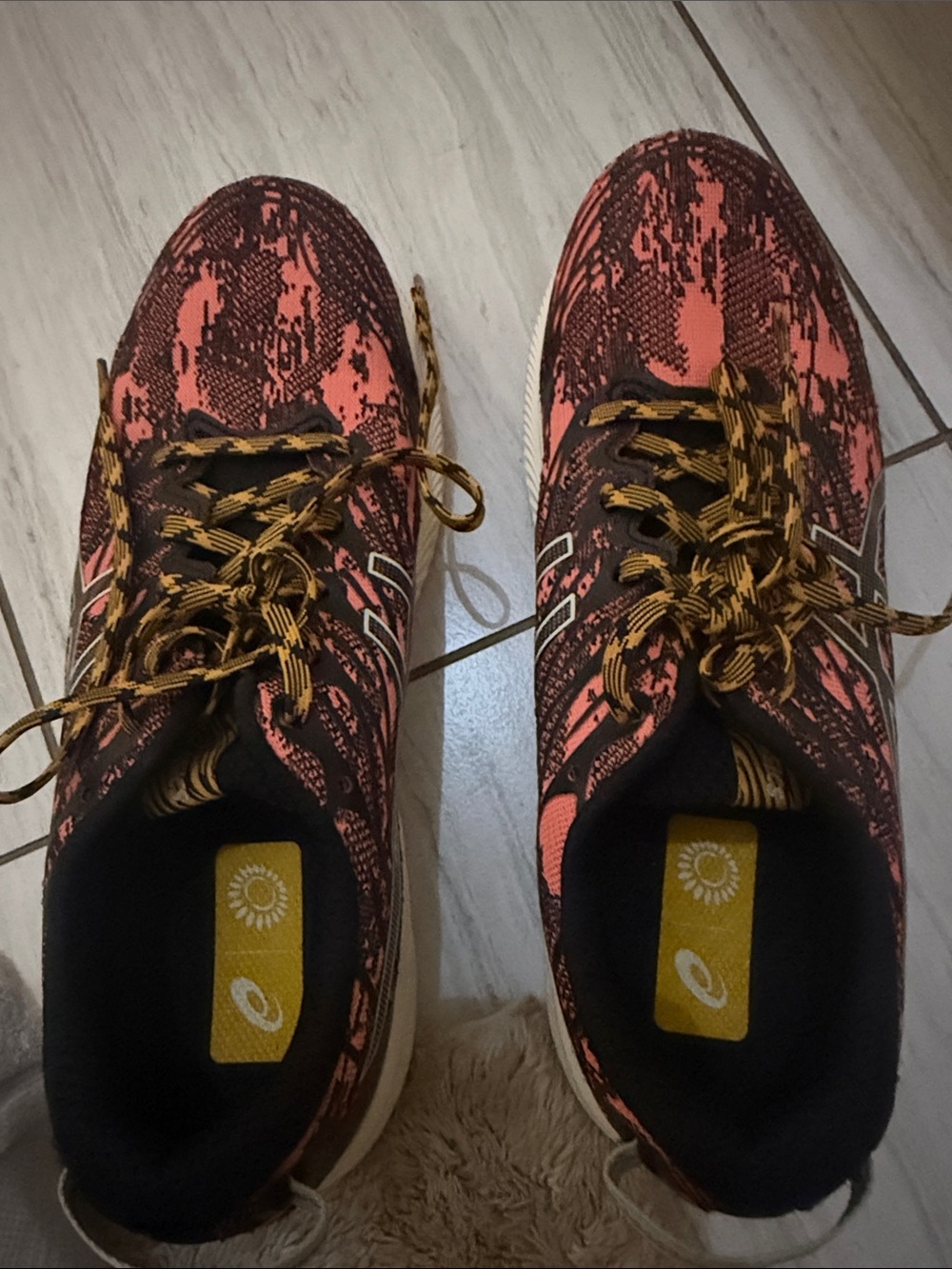 Asics Women's Fugilite Coral and Black Running Shoes with Yellow Accents